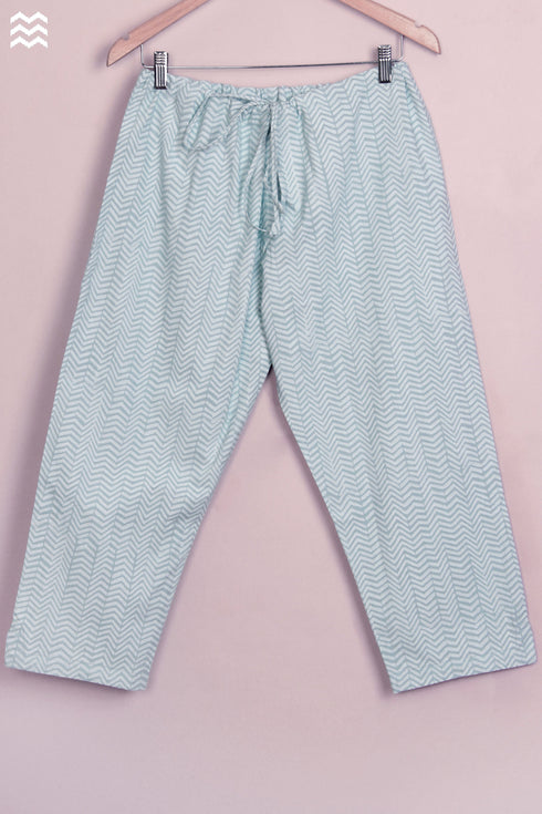 40s Cotton Pant in Ice Blue Lehriya Hand Block Print