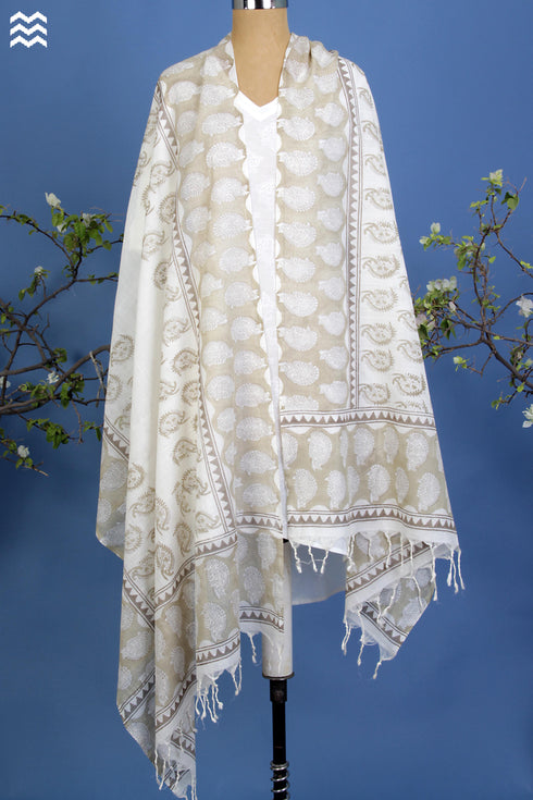Bengal Cotton Dupatta in Sand Coloured Bird Block Print