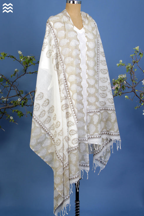 Bengal Cotton Dupatta in Sand Coloured Bird Block Print
