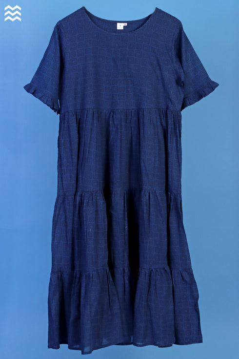 Mulmul Cotton Frou Frou Dress In Geometric Block Print