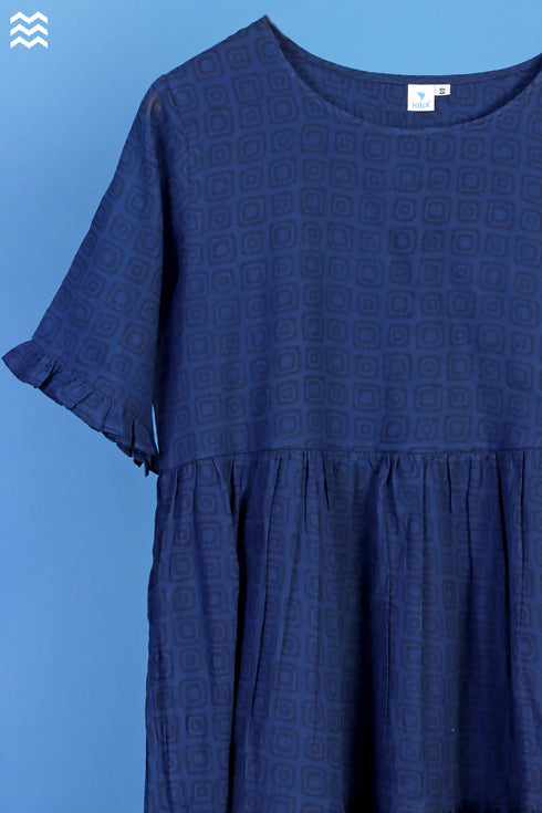 Mulmul Cotton Frou Frou Dress In Geometric Block Print