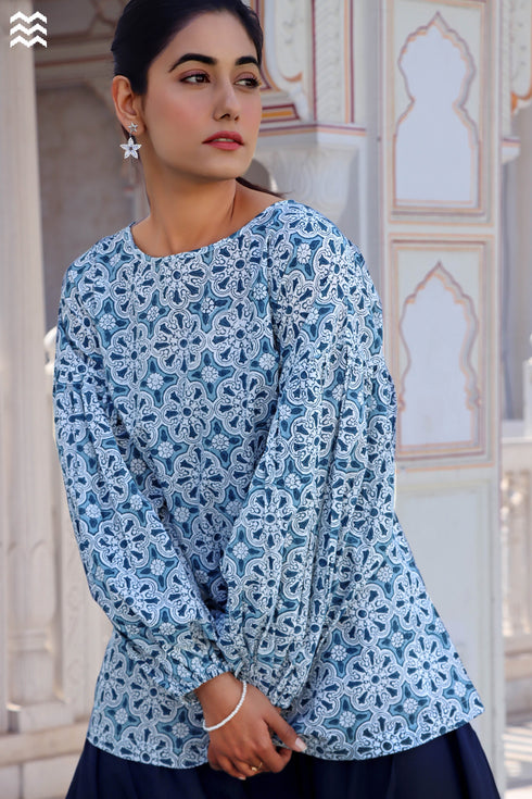 Slub Cotton Stanley Top In Geometric Block Print
