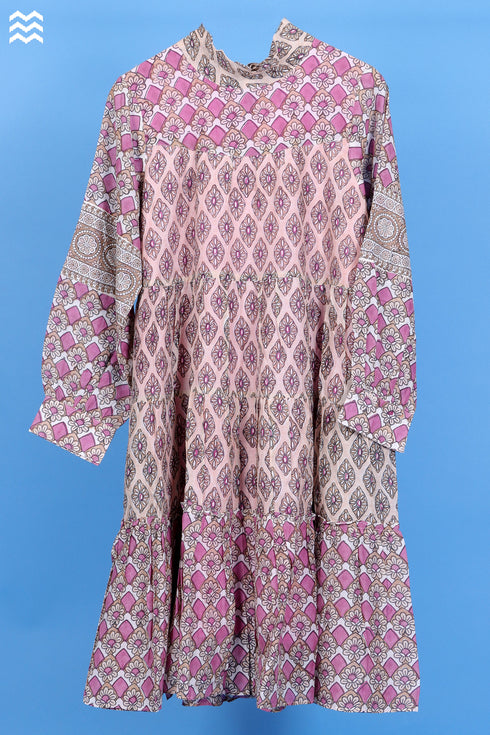 Cotton Silk Runway Dress In Assorted Block Print