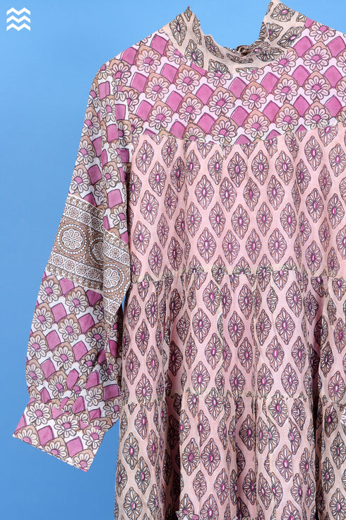 Cotton Silk Runway Dress In Assorted Block Print