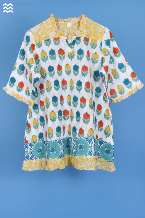 Crepe Cotton Frilly Pete Top In Floral Block Print