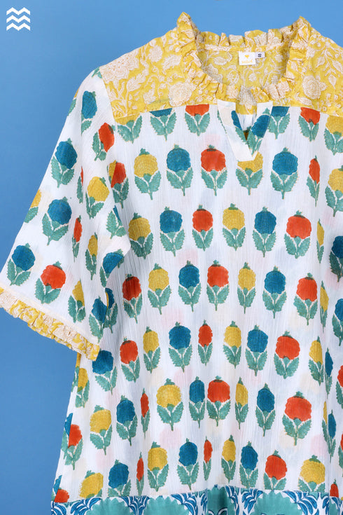 Crepe Cotton Frilly Pete Top In Floral Block Print