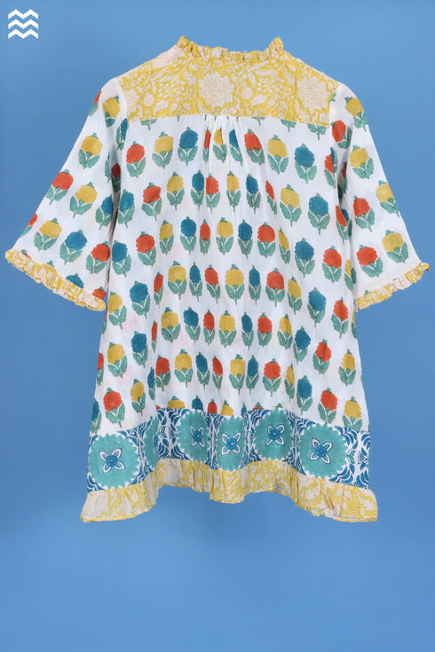 Crepe Cotton Frilly Pete Top In Floral Block Print