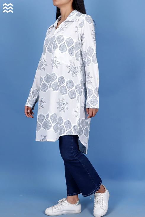 Rayon Long Boyfriend Shirt In Assorted Block Print