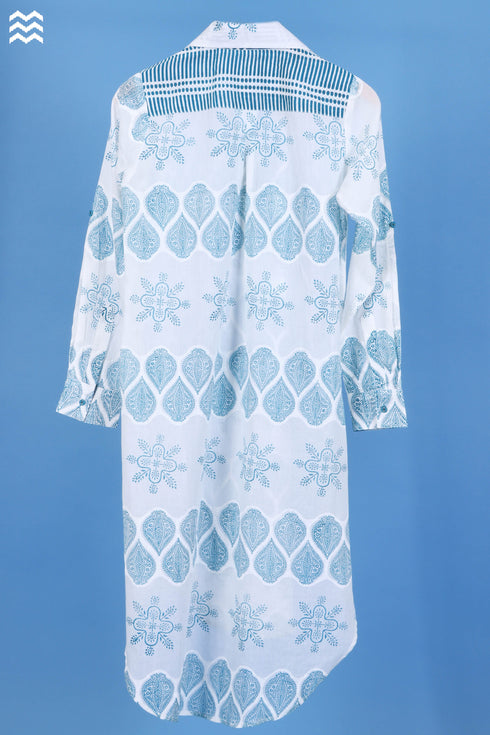 Mulmul Cotton Long Boyfriend Shirt In Graphic Block Print