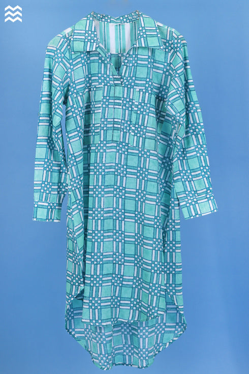 Mulmul Cotton Long Boyfriend Shirt In Checked Block Print