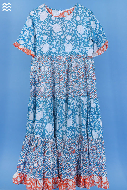 Mulmul Cotton Frou Frou Dress In Floral Block Print