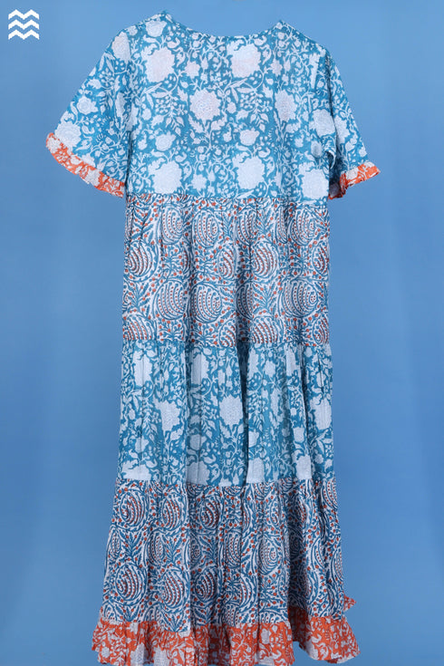 Mulmul Cotton Frou Frou Dress In Floral Block Print