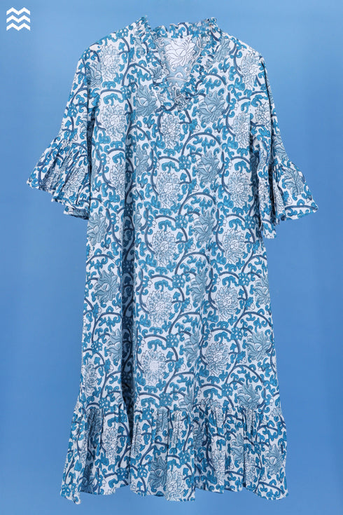 Mulmul CottonLong Martini Dress In Graphic Block Print