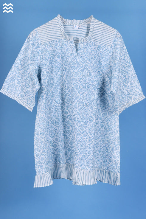 Slub Cotton Frilly Pete Top In Floral Block Print