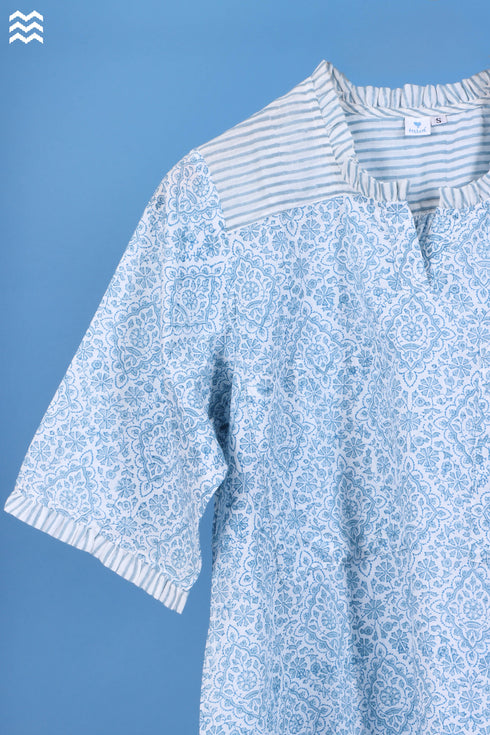 Slub Cotton Frilly Pete Top In Floral Block Print