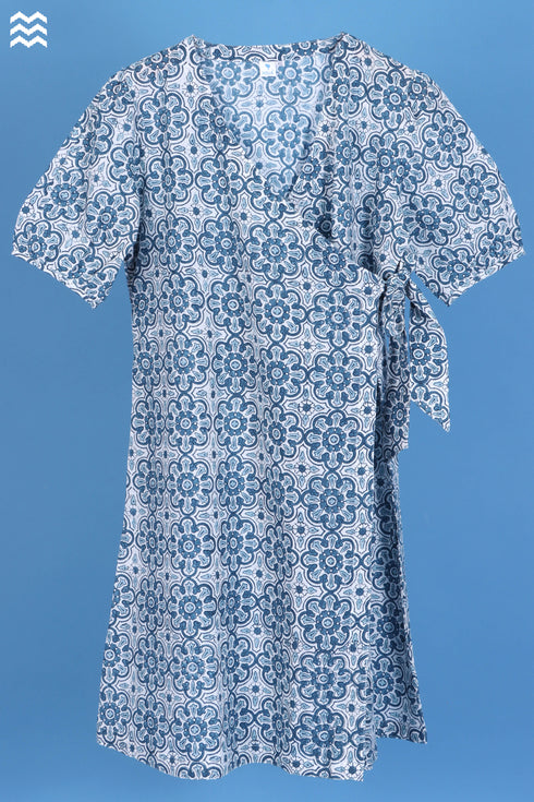 Slub Cotton Daisy Wrap Dress In Graphic Block Print