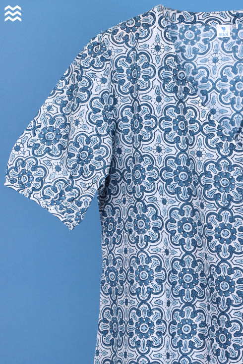 Slub Cotton Daisy Wrap Dress In Graphic Block Print