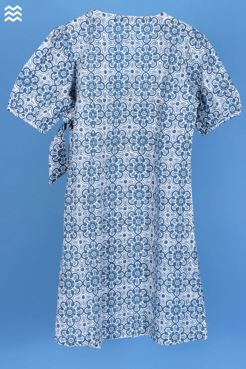 Slub Cotton Daisy Wrap Dress In Graphic Block Print