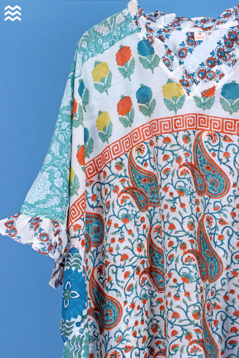 Cotton Silk Cher Caftan In Paisley Block Print