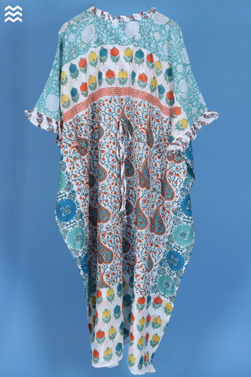 Cotton Silk Cher Caftan In Paisley Block Print