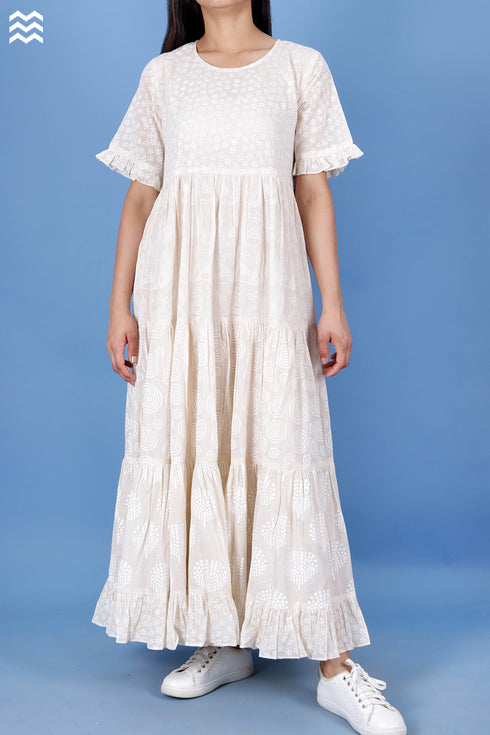 Mulmul Cotton FrouFrou Dress In Assorted Block Print