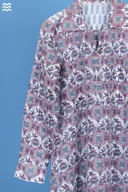 Mulmul Cotton Boyfriend Shirt In Floral Block Print