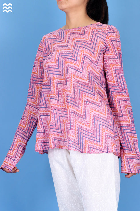 Silk Cotton Bias Inner Top in Zigzag Block Print