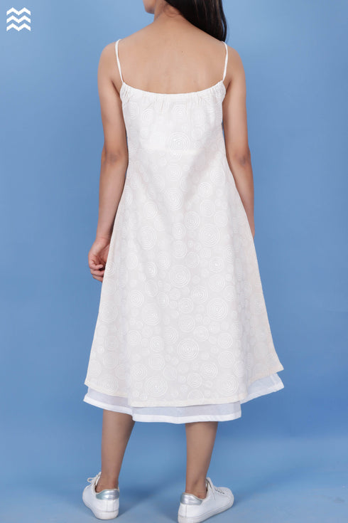 Crepe Cotton Noodle Strap Dress In Textured Block Print