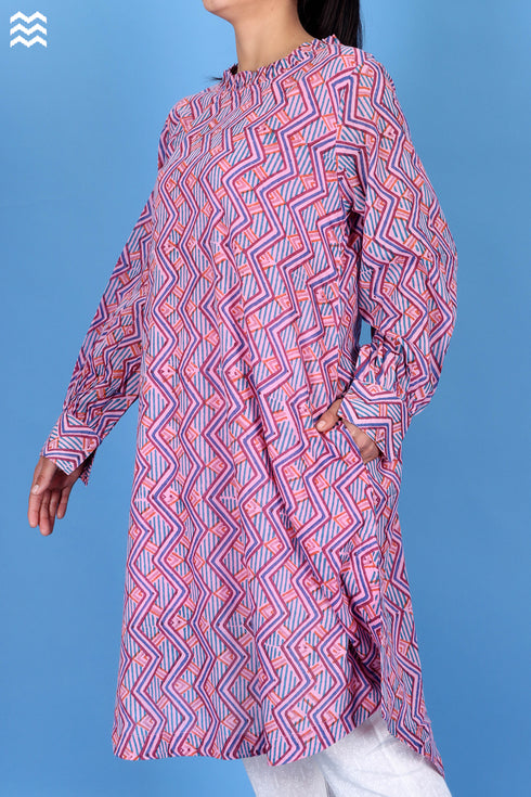 Mulmul Cotton Lizard Top In Graphic Block Print