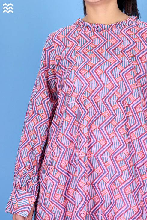 Mulmul Cotton Lizard Top In Graphic Block Print