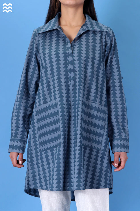 Cambric Cotton Boyfriend Shirt In Geometric Block Print
