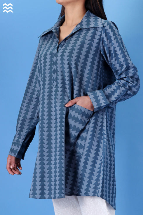 Cambric Cotton Boyfriend Shirt In Geometric Block Print