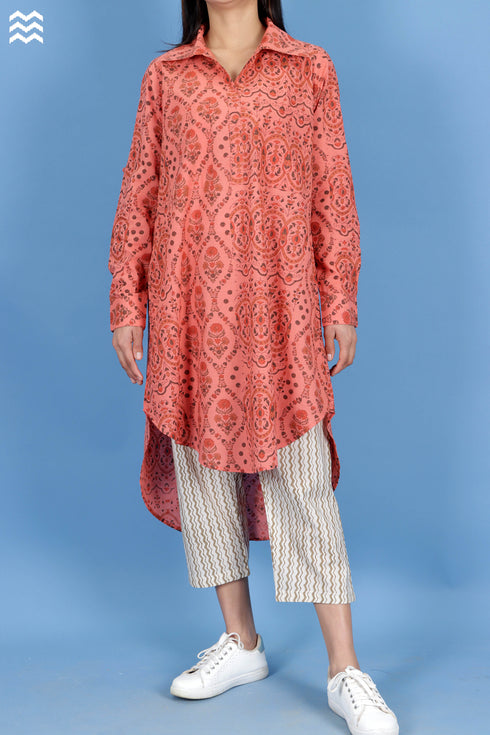 Slub Cotton Long Boyfriend Shirt In Assorted Block Print