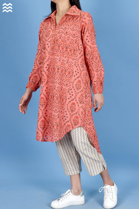 Slub Cotton Long Boyfriend Shirt In Assorted Block Print