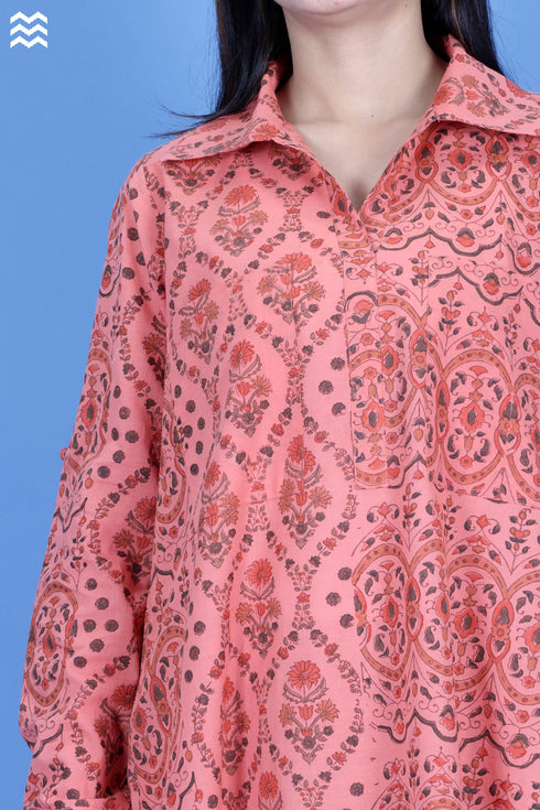 Slub Cotton Long Boyfriend Shirt In Assorted Block Print