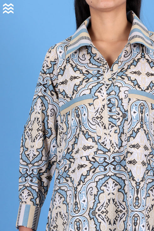 Cambric Cotton Boyfriend Shirt In Graphic Print