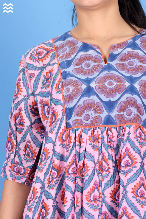Cotton Silk Ellora Kaftan In Graphic Block Print