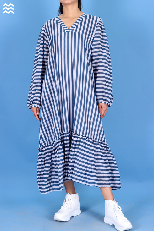 Mulmul Cotton Frilly Jelly Dress in Striped Block Print