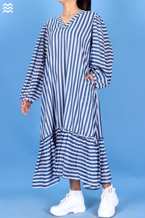 Mulmul Cotton Frilly Jelly Dress in Striped Block Print