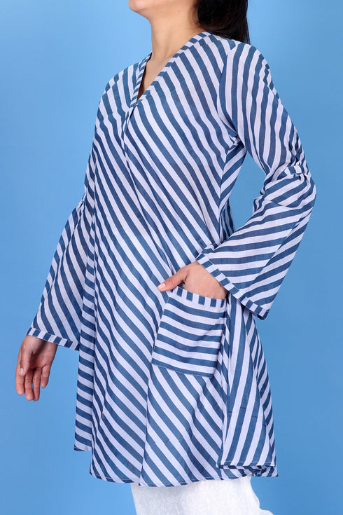 Cotton Silk Sherlock Top in Striped Block Print