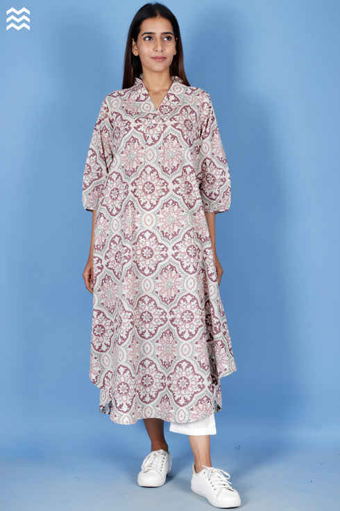 Slub Cotton V- Neck Top In Block Print