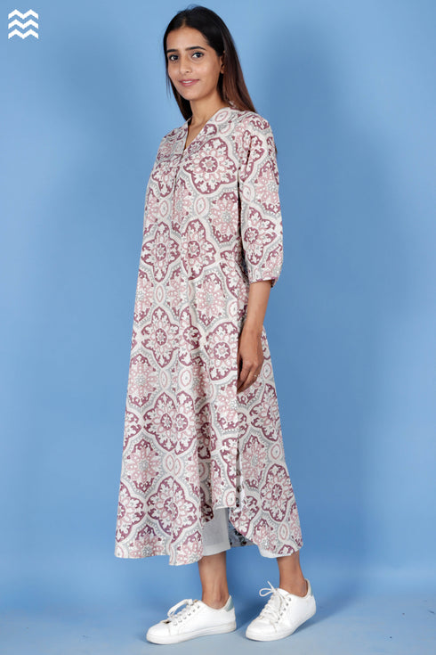 Slub Cotton V- Neck Top In Block Print