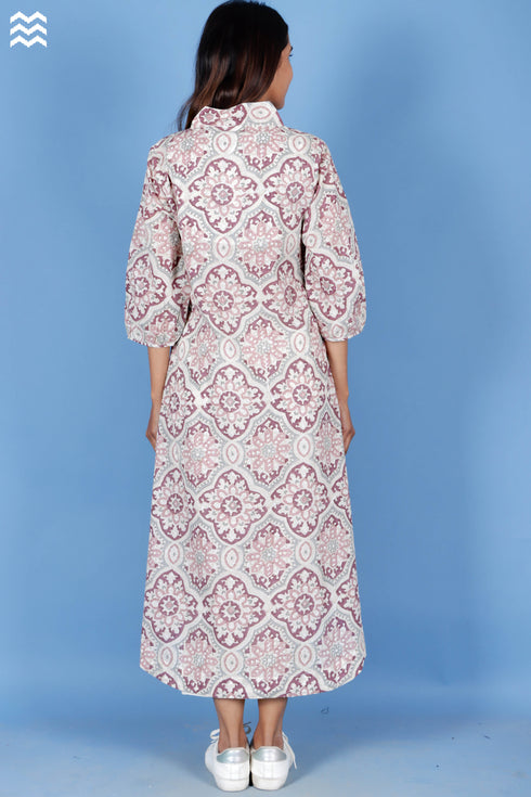 Slub Cotton V- Neck Top In Block Print