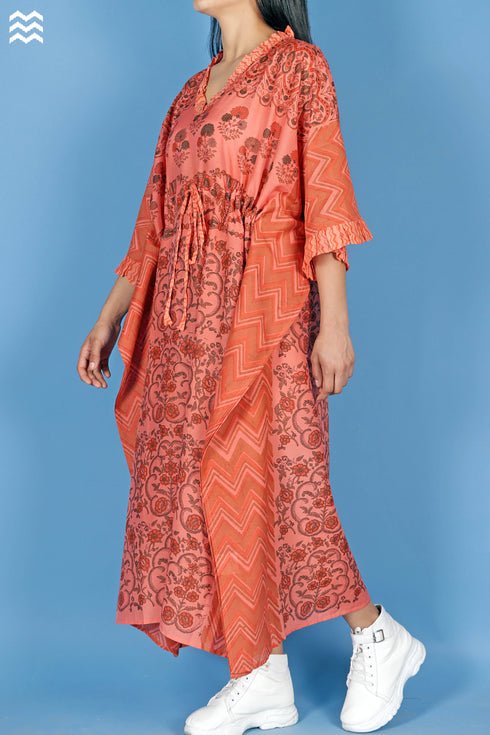 Cotton Silk Cher Caftan In Floral Block Print