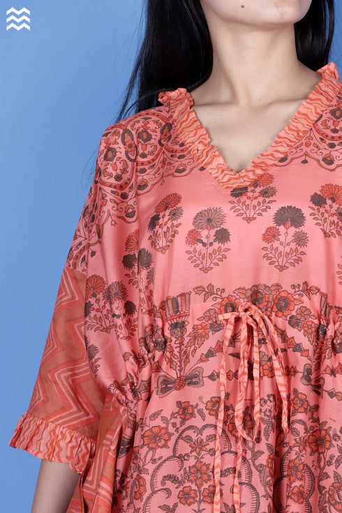 Cotton Silk Cher Caftan In Floral Block Print