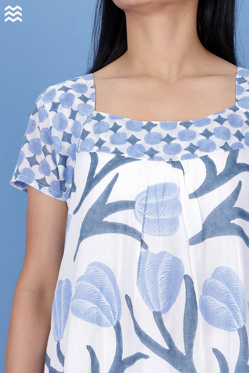 Mulmul Cotton Bubble Dress In Floral Block Print