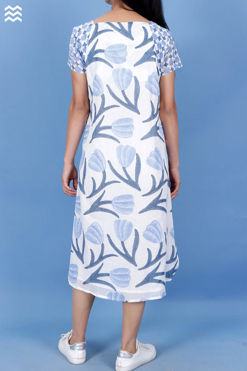 Mulmul Cotton Bubble Dress In Floral Block Print