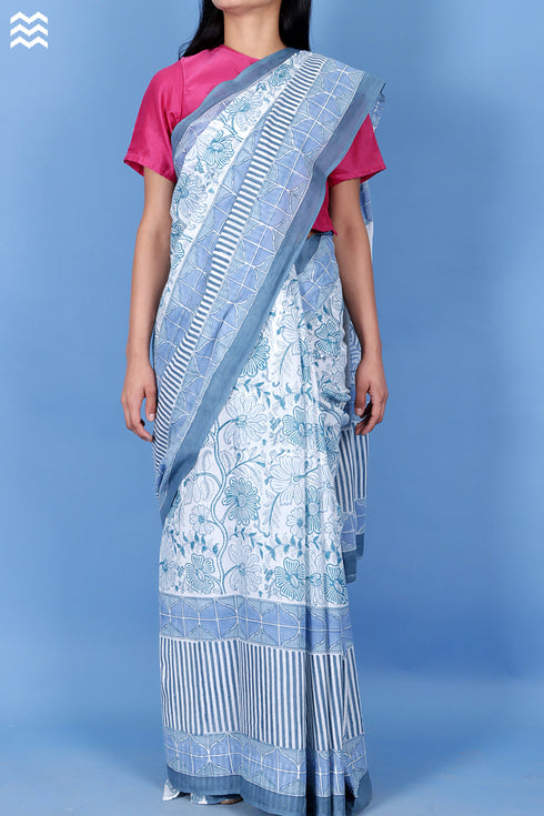 Mulmul Cotton Saree With Fall In Assorted Block Print