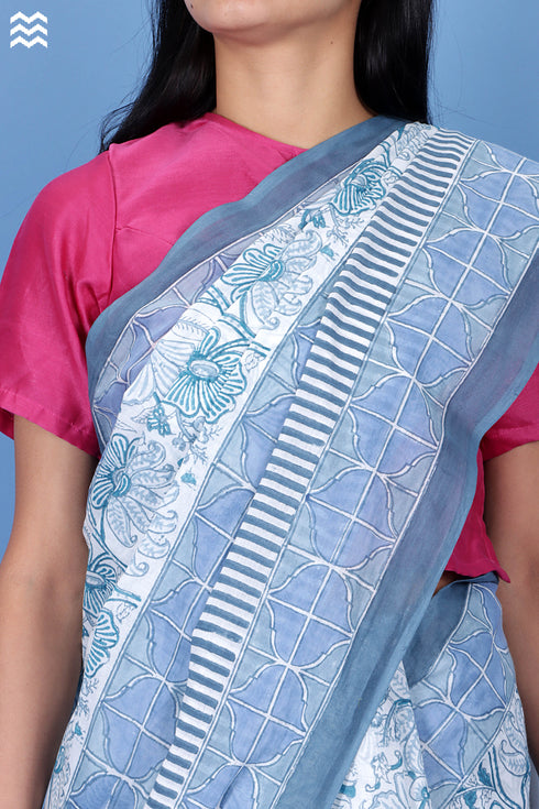 Mulmul Cotton Saree With Fall In Assorted Block Print