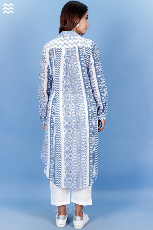 Mulmul Cotton Long Boyfriend Top In Graphic Block Print